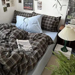 Plaid Duvet Cover Set Full Size,Brown Blue Gingham Patterned Bedding Set for Girls Boys,Modern Soft Breathable Microfiber Comforter Cover 3 Pieces with Zipper Closure and 2 Pillow Shams