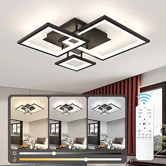 Modern Black Led Ceiling Light 3-Square Design 3000K-6500K Dimmable LED Ceiling Light with Remote 33W Acrylic Ceiling Lighting Fixture for Bedroom Kitchen Dining Room Office Lamps