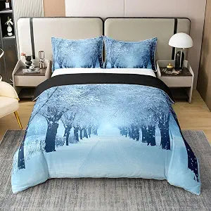 Erosebridal 100% Natural Cotton Winter Duvet Cover King, Blue Snow Snowstorm Bedding Set, Park Winter Landscape Scene Comforter Cover, Snowy Woodland Trees Bedroom Decor Soft Breathable Quilt Cover