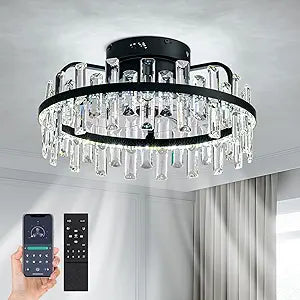 20" Crystal Ceiling Fans with Lights Remote Control Dimmable 6 Speeds Reverible Timer Black Fandelier for Bedroom Dining Room Living Room
