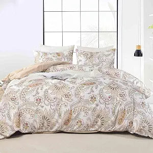 Nanko Paisley Duvet Cover Set Queen Size, Tan Taupe Classy Boho Damask Printed Pattern Bed Set, Soft Microfiber Reversible Comforter Bedding Cover with Zip Ties - Farmhouse for Women Men, 3 Pcs 90 x90