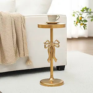 DoubleFill Gold Metal Martini Drink Table 9''x19.5'' Bow Pedestal Side Table Round Martini End Desk Small Cocktail Drink Stand for Small Spaces Nightstand Bedroom Couch Chair Vintage Decor