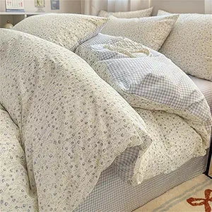 Sedefen Gingham Duvet Cover Romantic Floral Plaid Bedding Set 3 Pcs Cotton Spring Blue Flower Checkered Reversible Soft Breathable Microfiber Comforter Cover with Zipper Closure
