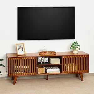 Bamboo TV Stand for TVs up to 65", Accent Entertainment Center with Storage, Media Console Table with Sliding Fence Door, Modern TV Stand for Living Room, Bedroom, 55"(L), Walnut