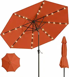 10FT Solar Umbrella 32 LED Lighted Patio Umbrella Table Market Umbrella w/Tilt and Crank, UV-Resistant Outdoor Umbrella for Pool, Garden, Deck, Terracotta