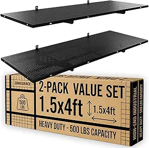 ZONEGRACE 2-Pack 1.5x4ft Garage Shelving Wall Mounted, 500 Lbs Heavy Duty Wall Shelves, Flat Metal Shelf Wall Mount For Garage Storage Wall With Complete Install Kit & Hooks, Black