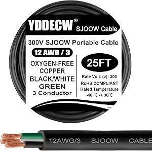 25ft 12/3 12 AWG Portable Power Cable (3 Conductor) - SJOOW 300V 12 Gauge Electric Wire for Motor Leads, Portable Lights, Battery Chargers and Machinery - 3 Conductor - 25 Feet Electrical Cord