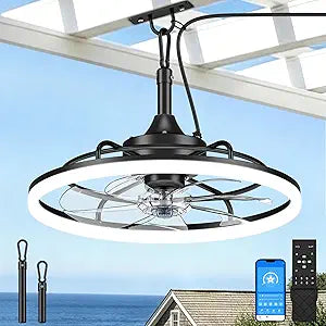 VOLISUN Outdoor Ceiling Fans with Light for Patios, 19.7in Weatherproof Plug in Ceiling Fan, 3000K-6500K Dimmable Gazebo Fan Remote&APP Control, Black Caged Ceiling Fan for Porch, Pergola,Canopy