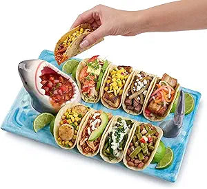 2 Pack Ceramic Shark Taco Holder Plate, Shark Sushi Plates, Funny Handmade Kitchen Salad Plates with Dipping Sauce Bowl, Microwave/Oven/Dishwasher Safe Plates, Birthday Gifts for Shark Party Lovers
