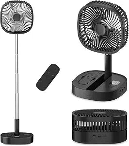 Portable Oscillating Pedestal Fan with Romote, 4 Speed 120 Telescopic Rotation Foldable Standing Collapsible Fans, 7200Mah Rechargeable, Quiet Timer DeskFan for Travel Outdoor Home, Black