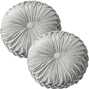 HLOVME Round Velvet Pillow for Couch Small Handmade Decorative Throw Pillow for Bed Bedroom 13.7 Set of 2, Light Grey