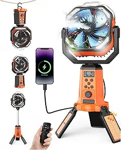 24000mAh Solar Camping Fan with Stand, Rechargeable Battery Operated Oscillating Fan with Remote&LED Light, Height Adjustable Misting Tent Fan, Timer, Hook, Portable Tent Fan for Picnic travel