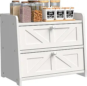 Bread Box for Kitchen Countertop, Double Layer Wooden Breadbox, Large Capacity Bread Storage Bin, Homemade Bread Storage Container, Farmhouse Breadbox Organizer, White