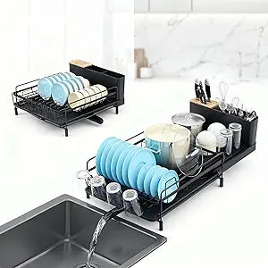 Large Extendable Dish Drying Rack with Bamboo Knife Holder, Rustproof Dish Drainer for Kitchen Counter, Adjustable 19"-27", Black