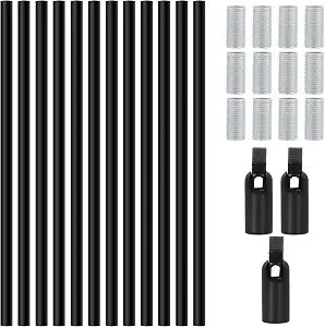 Antrader M10 Threaded Extension Rod 12pcs Lighting Fixture Stems with 3pcs 180 Degree Sloped Ceiling Adapters for Light Fixture Parts Replacement 12-inch Length Polished Black