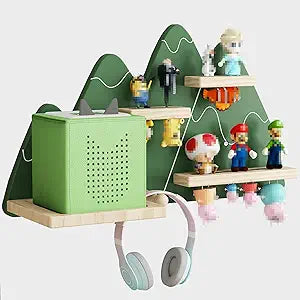 Green Mountain Tonie Shelf - Wall Mounted Tonies Shelves for Toniebox, Magnetic Wood Display Floating Shelves for 8-14 Tonie Figures Storage, Cute Pine Wall Shelf for Kids Room,Bedroom,Nursery
