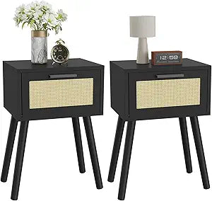 YMYNY Nightstand Set of 2, End Table, Small Bedside Table, Handmade Rattan Decorated Drawer, Solid Wood Legs, Modern Side Table for Bedroom and Small Spaces, Black UHST010B-2