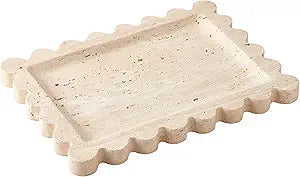 Denique Natural Travertine Tray with Scalloped Edge, 10.8x8 Rectangle Vanity Tray for Bathroom Kitchen Countertop, Beige Decorative Stone Storage Tray for Dresser Home Decor
