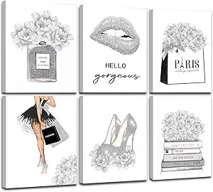 Glam Gray Fashion Wall Decor, FRAMED Woman Makeup Room Wall Art, Fashion Silver Girly Beauty Room Picture Wall Decor for Office Bedroom Bathroom, Watercolor Perfume Handbags High Heels Lipstick Wall Paintings, Ready to Hang (Set of 6, 8x10 in, Framed)