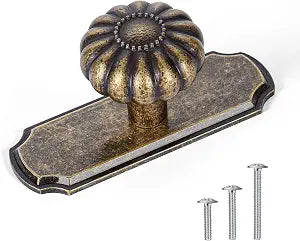 4 Pack Vintage Antique Brass Cabinet Knobs with Backplate, 1-1/4 Inches