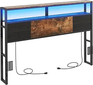 Livofloral Queen Size Headboard, Headboards with Charging Station, USB Port and LED Light, Head Board with 2-Tier Storage Shelf, Adjustable Height, Easy Assembly, Sturdy and Stable, Rustic Brown