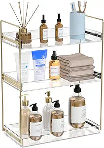 Bathroom Countertop Organizer, 3 Tier Acrylic Tray Vanity Counter Skincare Organizer Shelf, Kitchen Under Sink Standing Rack, Home Storage Holder for Lotion Makeup Cosmetics Perfume Spice, Gold | Vanity Counter