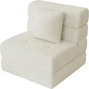 Folding Sofa Bed, Convertible Sleeper Chair & Couch Bed with Pillow, One-Piece High-Density Sponge Mattress, Multi-Purpose Corduroy Floor Sofa for Living Room, Office, Apartment, Beige, Single