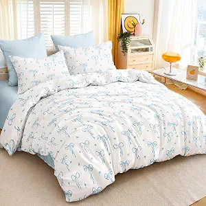 Bow Queen Comforter Set - Light Blue Bow Comforter Set Queen Size, Quilt Bedding Set 3 Pieces, Soft & Lightweight Comforter(90 x 90) for Girl All Season & 2 Pillow Cases(30x20)