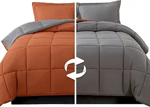 Elegant Comfort 3-Piece Reversible Comforter Set, All Season Cozy, Soft Down Alternative, Quilted - Box Stitched - Duvet Insert with 4 Corner Tabs, Comforter with Shams, Twin, Coral/Gray