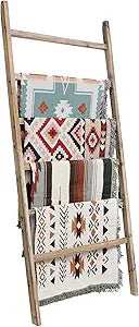 FUIN Extra Wide 6.4ft Wooden Blanket Ladder Living Room Decorative Wal Leaning Farmhouse Quilt Display Holder Rustic Wood Towel Rack for Bathroom, Burnt Brown, 38 inch Wide