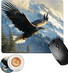 Square Mouse Pad with Coaster,Soft Cute Computer Mouse Mat with Non-Slip Rubber Base,Easy to Slide, Splash Resistant Surface,Personalized Design,Portable,Bald Eagle Flying Over Mountains