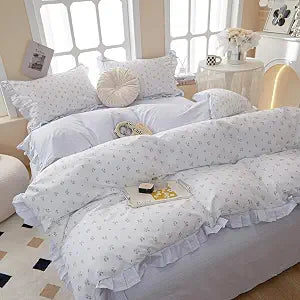 Aesthetic Blue Floral Duvet Cover with Ruffle Full 100% Cotton, Teen Girls Flower Comforter Cover with Zipper Closure, 3 Pcs Romantic Aesthetic Bedding Sets 80"x90"