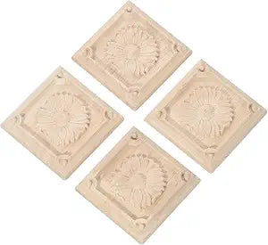 4 Pcs Decorative Wood Flower Carved Appliques Onlays 2.36 x2.36inch,SmallUnpainted Solid Wood Square Carving Decal for Furniture Cabinet Closet Decoration