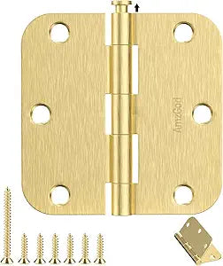 Door Hinges Satin Brass - 30 Pack Gold Door Hinges 3.5 Inch Rounded Interior Door Hinge with 5/8" Radius - 3 1/2 Inches Flat Iron Brass Hinges for Residential Standard Doors