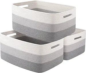 OIASKET Large Storage Basket for Organizing, Woven Rope Basket for Shelves, Closet Organizer Bins for Clothes, Blanket, Toys, Baby Nursery Storage, 17.7" x 13" x 7.87", 3 Packs Gradient Grey