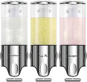 Shampoo and Conditioner Dispenser,Dispensers for The Shower,Shower Soap Dispenser 3 Chamber No Drill,Shampoo Conditioner Body Wash Dispenser Wall Mount for Bathroom(Triple x 17.6 oz,Clear)