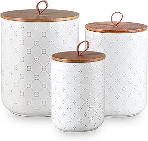 Ceramic Canisters Set with Airtight Lids, 82/48/30 oz Coffee Canisters Sets for the Kitchen, White Large Jars for Flour, Sugar, Pasta, Coffee, Cookies, Tea - Set of 3, Embossed Pattern