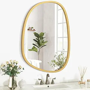 Gold Irregular Hanging Wall Mirror Wooden Framed Modern Asymmetrical Mirrors for Wall Artistic Decorative Mirror Wall Decor Mirror for Bedroom Bathroom Living Room Large 20"x16"