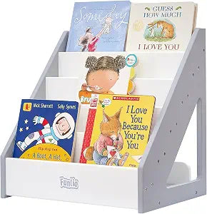 FUNLIO Montessori Bookshelf for Toddlers 1-5 Years, Front-Facing Kids Bookcase with Handle & Anti-Tilting Device, Premium Pine Baby Bookshelf, Children's Bookcase for Nursery/Classroom - Grey & White