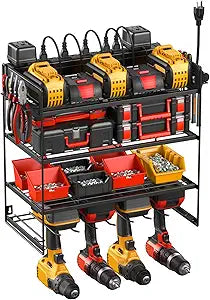 JUNNUJ Power Tool Organizer with 10 Outlet Power Strip, 4 Layer Wall Mount Drill Holder with Charging Station, 4 Drills Storage Shelf Shop Garage Utility Rack, Black