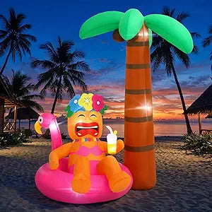 Lewondr 6FT Inflatable Tiki Luau Decor, Flamingo Coconut Palm Luau Party Decorations, Blow up Hawaiian Outdoor Decoration with 7 LED Lights, Summer Outdoor Inflatable for Tropical Pool Beach Yard Lawn