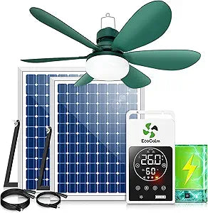 Solar Ceiling Fan Light with Battery and Adjustable Thermostat, 20" Outdoor Ceiling Fans for Gazebo with 2pcs 15W Bifacial Solar Panels, Solar Powered Canopy Fan for Patio, Sunroom, RV(Green)