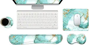 ARTSO Keyboard Wrist Rest and Mouse Pad with Wrist Support Set Ergonomic Coaster, Memory Foam Mousepad Non-Slip Rubber Base Durable Comfortable for Easy Typing Pain Relief, Teal Turqoise Marble