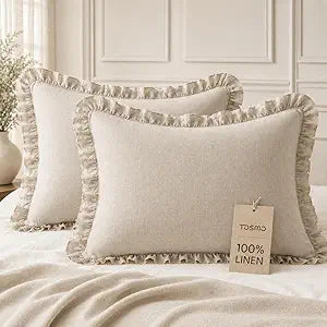 TOSMO 100% Linen Ruffle Pillowcase Standard Size, Set of 2, Stone-Washed Breathable Pillow Shams Envelope Closure, Soft and Durable Pillow Cases, 20" X 26", Natural Linen