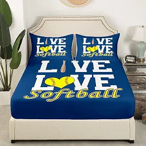 Softball Bedding Set Twin Size Sports Theme Bed Set for Girls Teens Bedroom Decor Kids Abstract Softball Fitted Sheet Soft Microfiber Yellow and Blue Bed Cover(1 Fitted Sheet+1 Pillow Case)