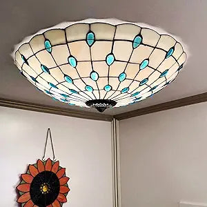 Tiffany Flush Mounts Ceiling Lights,Peacock Blue Crystal Beads Stained Glass Lampshade Ceiling Lamp for Kitchen Dining Room Livingroom Bedroom Ceiling Chandeliers Pendant Light,Blue,16in
