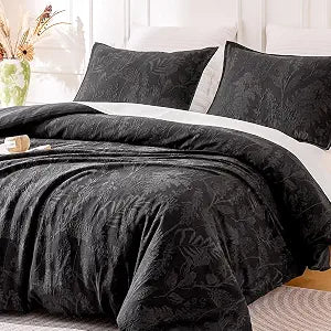 SLEEP ZONE Boho Duvet Cover Set Queen Size, Jacquard Leaf 3 Pieces Luxury Soft Breathable Duvet Cover with 2 Pillow Shams, Bedding Set for All Season, 90"  90", Black