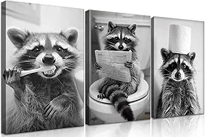 3Pcs Adorable Raccoon Bathroom Wall Art Black and White Animal Posters Prints Funny Raccoon on Toilet Reading Newspaper Canvas Painting Humor Animal Brushing Wall Decor for Toilet Pictures Framed