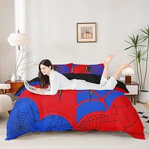 Spider Web Kids Duvet Cover Set Queen Size,Black Spider Arachnid Insect Animals Bedding Set,Boys Girls Women Men Room Decor,Halloween Gothic Red Blue Unique Quilt Cover,2 Pillowcases(No Comforter)