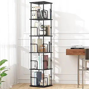 5-Tier Rotating Bookshelf, Freestanding Corner Bookshelf Industrial Style Storage Rack with Rails, for Living Room, Bedroom,